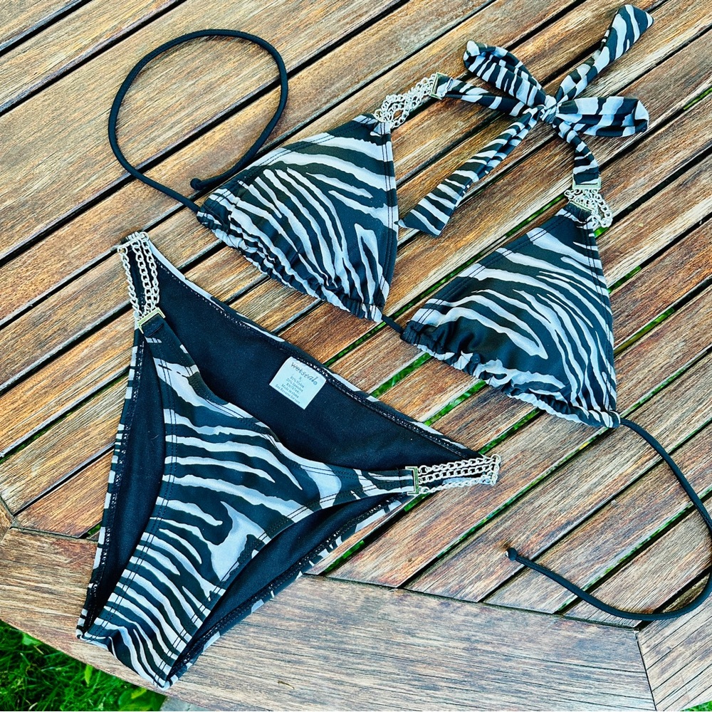 NWOT Wet Seal Zebra Print Triangle Bikini Set with Chain Accents, S